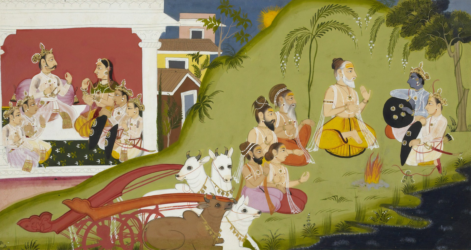 Visvamitra tells Rama about the history of the dynasty of King Kusha.King Kusha and his four sons are depicted seated in the pavilion on the left of the folio. | Photo by British Library on Unsplash