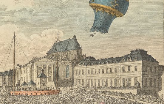 Historical illustration of a hot air balloon flying over a crowded square near a large building.