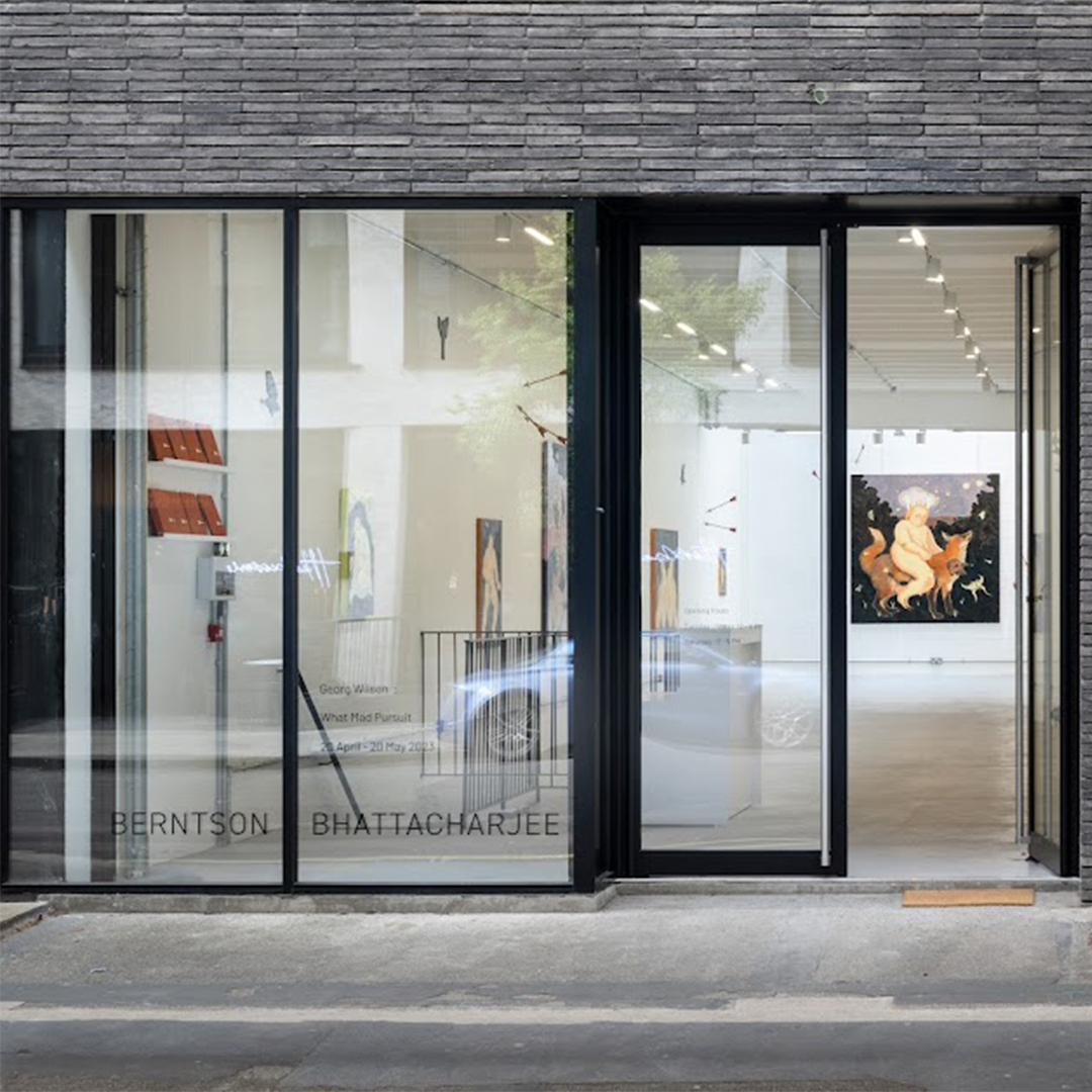 Front view of an art gallery entrance with visible artwork inside. | 2024 Berntson Bhattacharjee