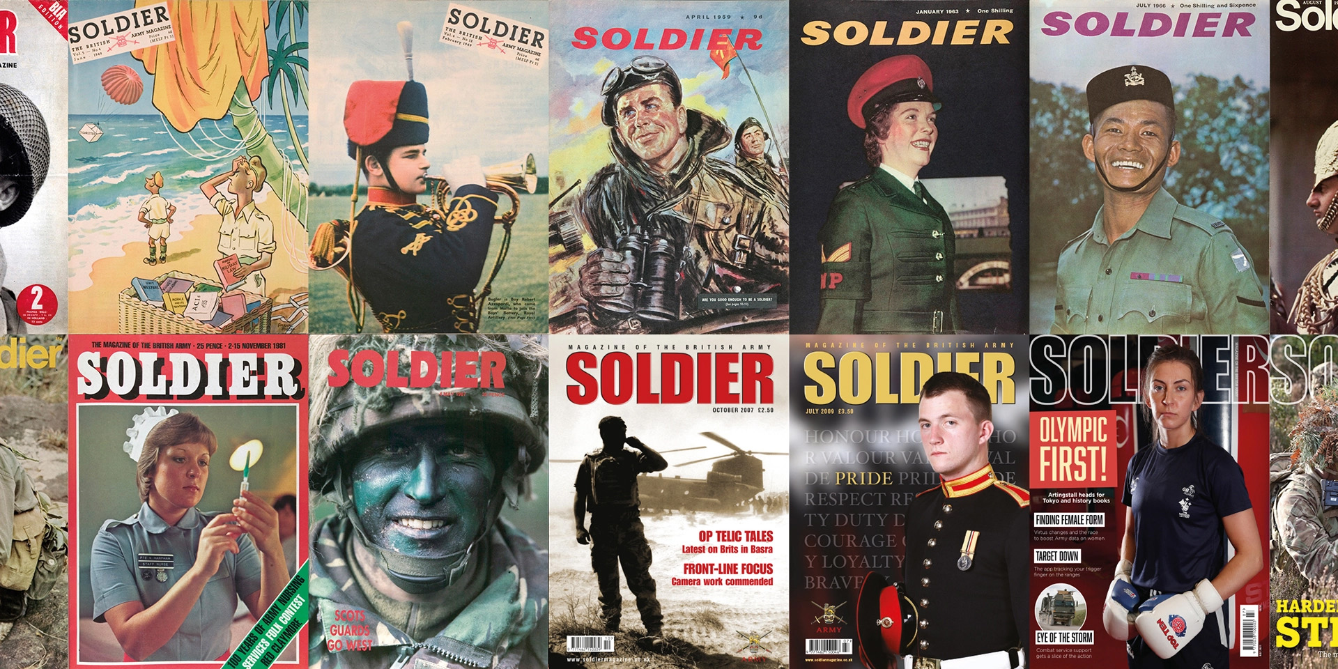 A collage of British Army magazine covers titled "Soldier," featuring various historical themes and military imagery.
