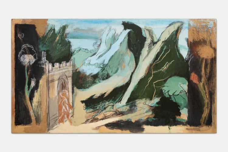 Abstract landscape painting featuring jagged mountains, a castle entrance, and swirling clouds in earthy tones and vibrant greens.