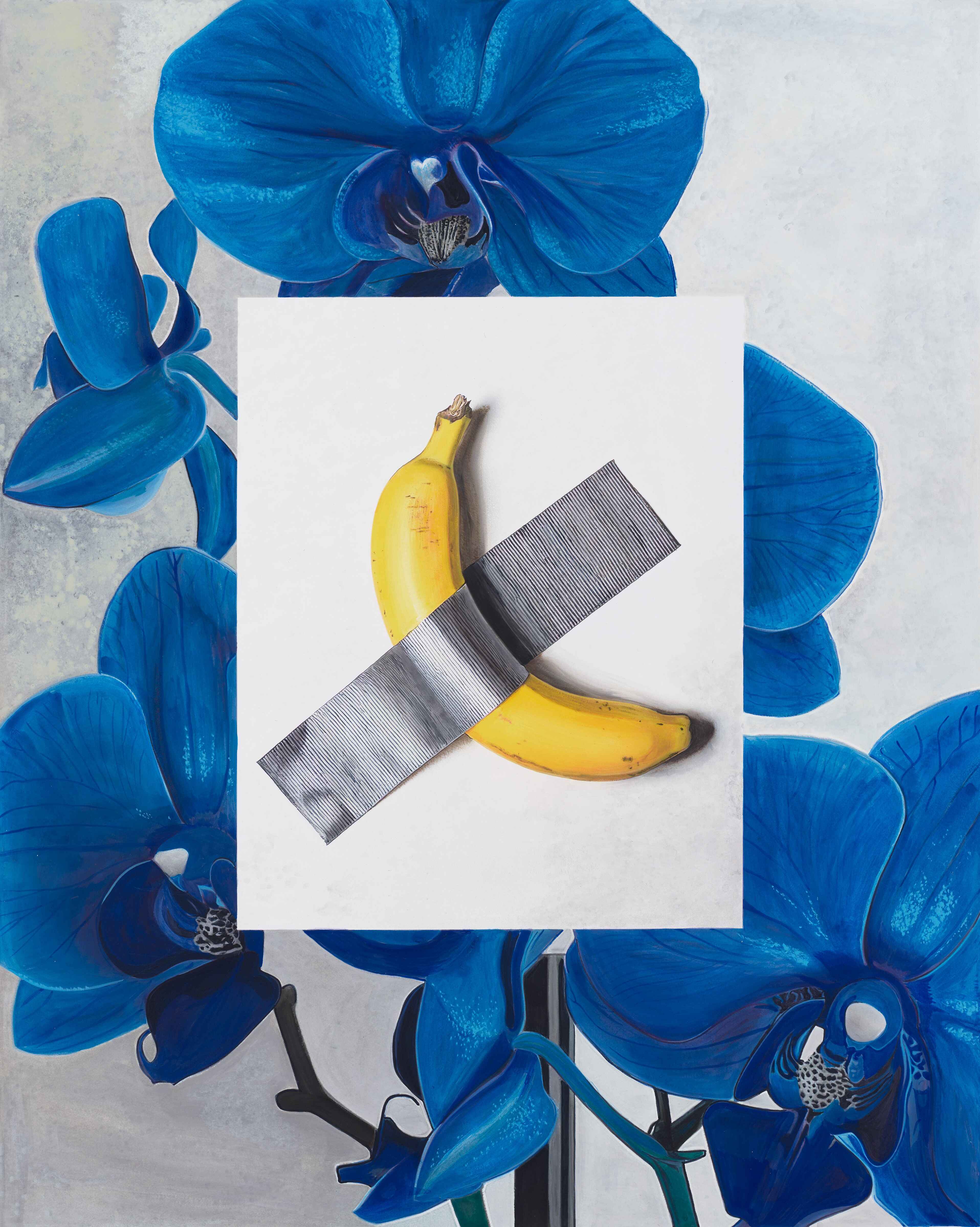 A vibrant composition featuring blue orchids surrounding a white background with an image of a banana partially covered by black tape.