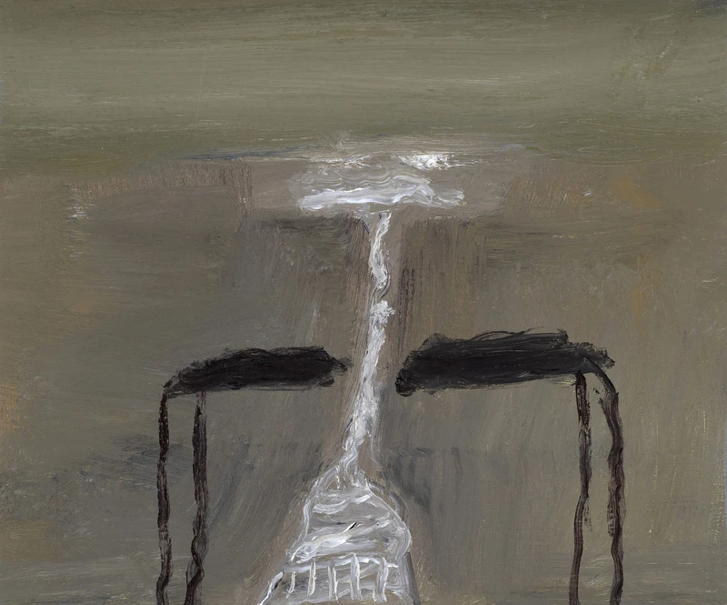 An abstract painting featuring a somber face with flowing white paint, set against a muted gray background, evoking deep emotions.