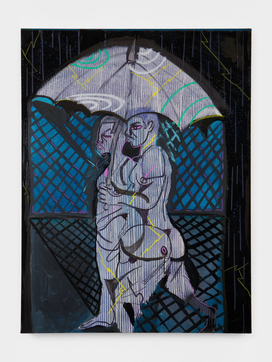 Two elongated figures share an umbrella amidst a dark, abstract background with geometric patterns, evoking intimacy in a rainy setting.