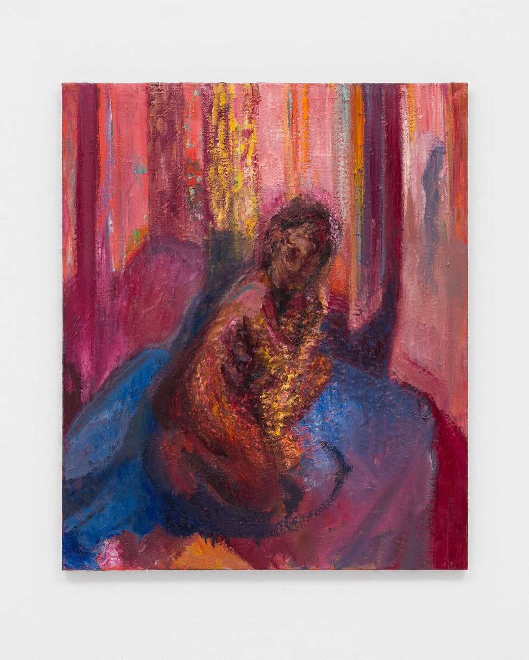 A vibrant, abstract painting depicting a seated woman, surrounded by rich hues of pink and blue, evoking emotion and depth.