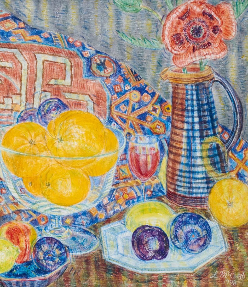 A still life featuring a bowl of yellow oranges, assorted fruits, a red glass, and a patterned jug, set against a colorful background.