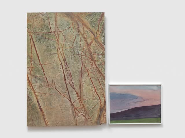 Two artworks on a white wall: a large abstract piece with earthy tones and intricate lines, next to a small landscape painting with soft colors.