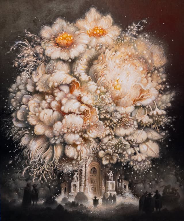 A surreal blend of oversized white flowers and a shadowy, gothic structure, set against a dark background, evoking wonder and mystery.