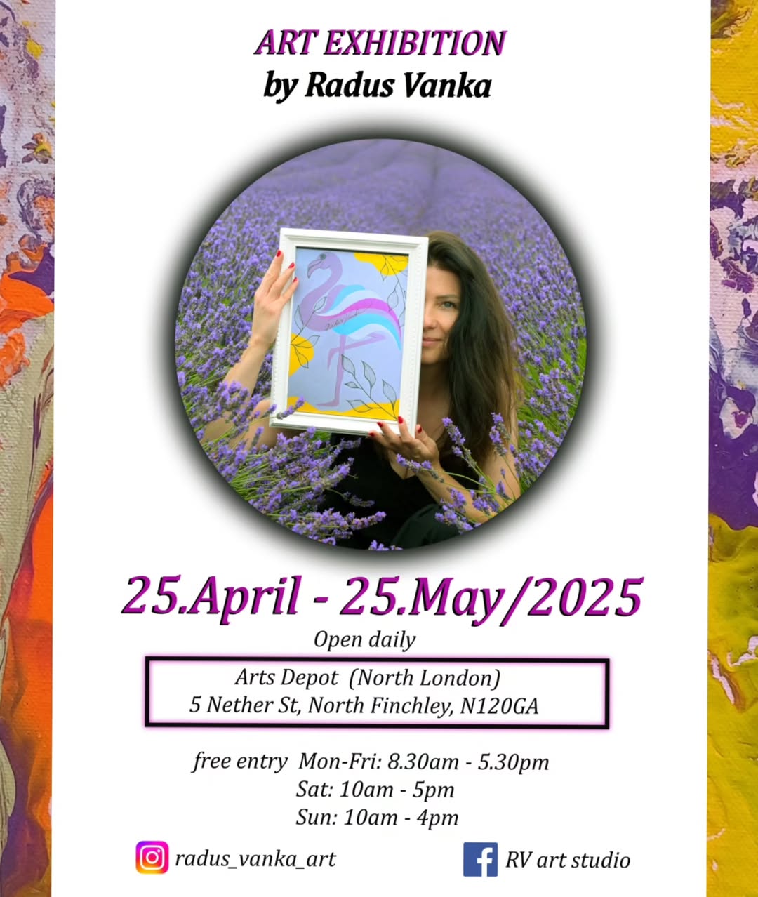 Promotional image for an art exhibition by Radius Vanka, featuring lavender fields and event details including dates and location.