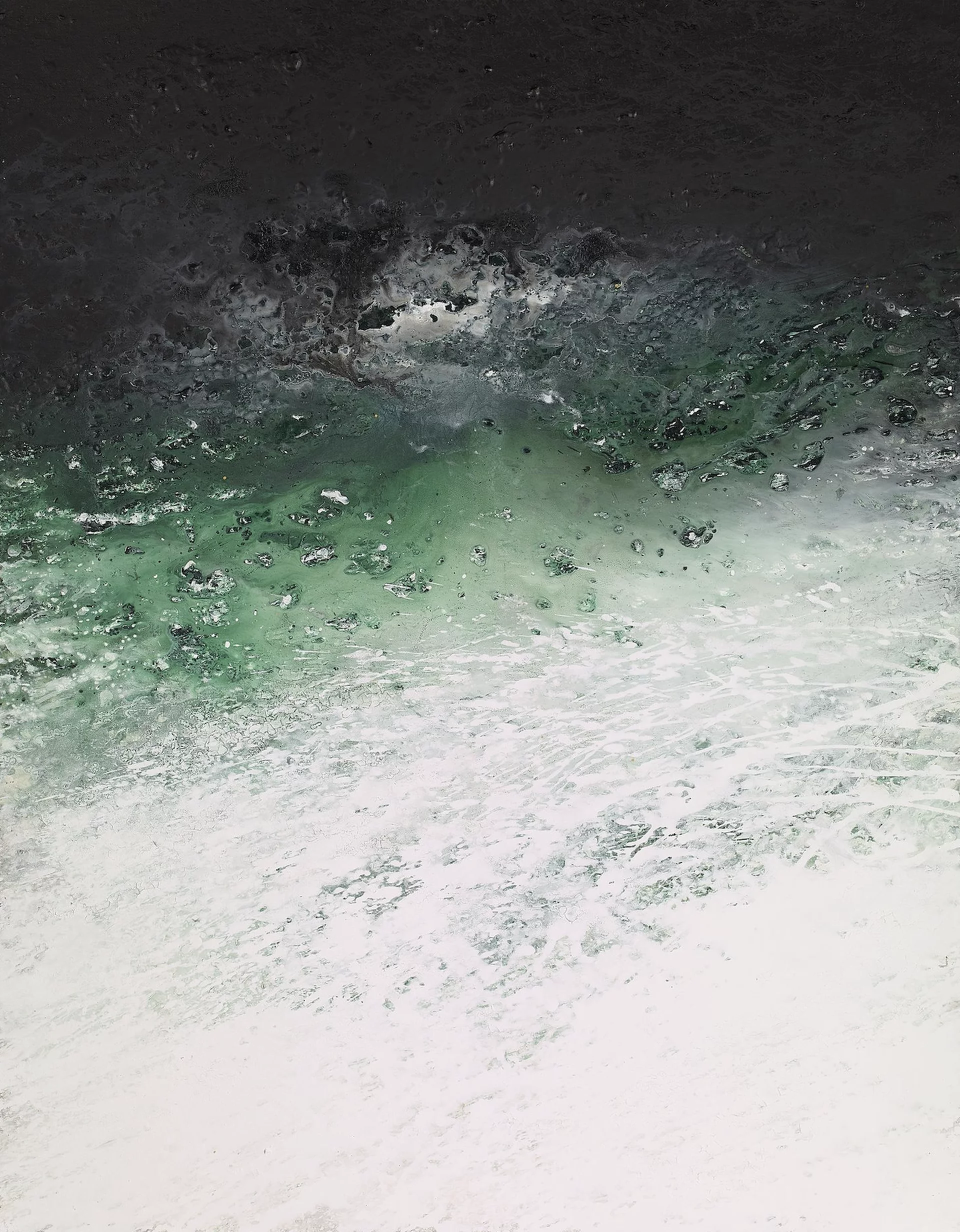 Abstract ocean scene with a dark, textured surface blending deep green and white waves, evoking movement and tranquility.