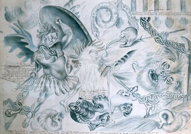 An illustrated scene depicting a muscular angel with a shield battling fierce beasts including lions and serpents, surrounded by swirling clouds.
