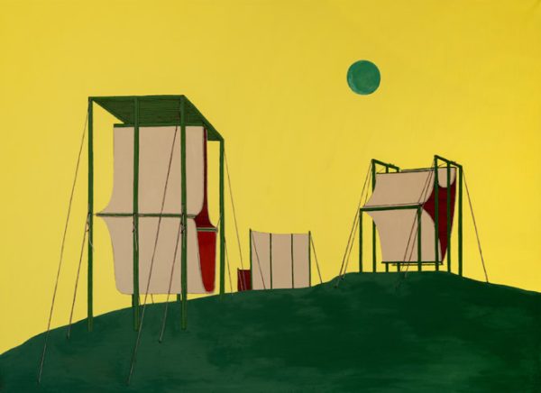 Three abstract structures with fabric panels on a green hill, against a bright yellow background and a small green moon.