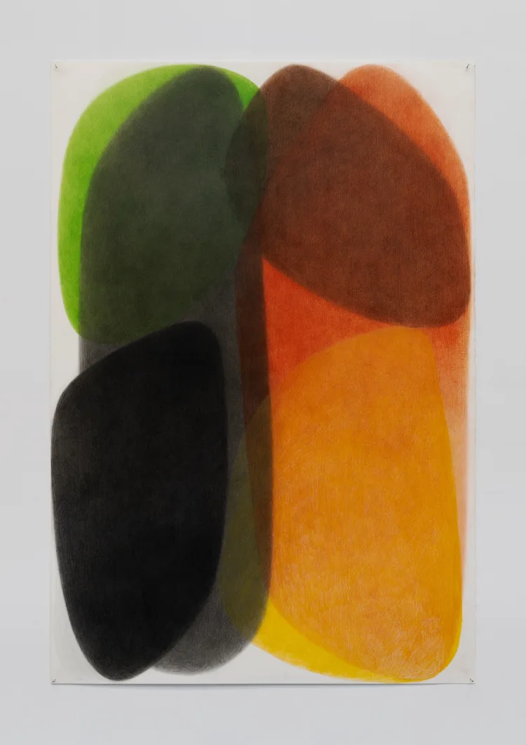 Abstract artwork featuring overlapping shapes in dark green, black, orange, and yellow tones, creating a harmonious blend of colors.