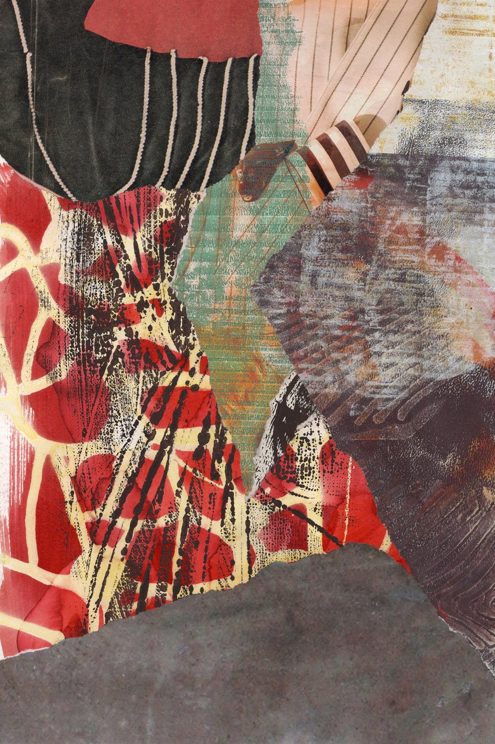 Abstract collage featuring vibrant textures and patterns in reds, greens, and blacks, arranged harmoniously on a layered background.