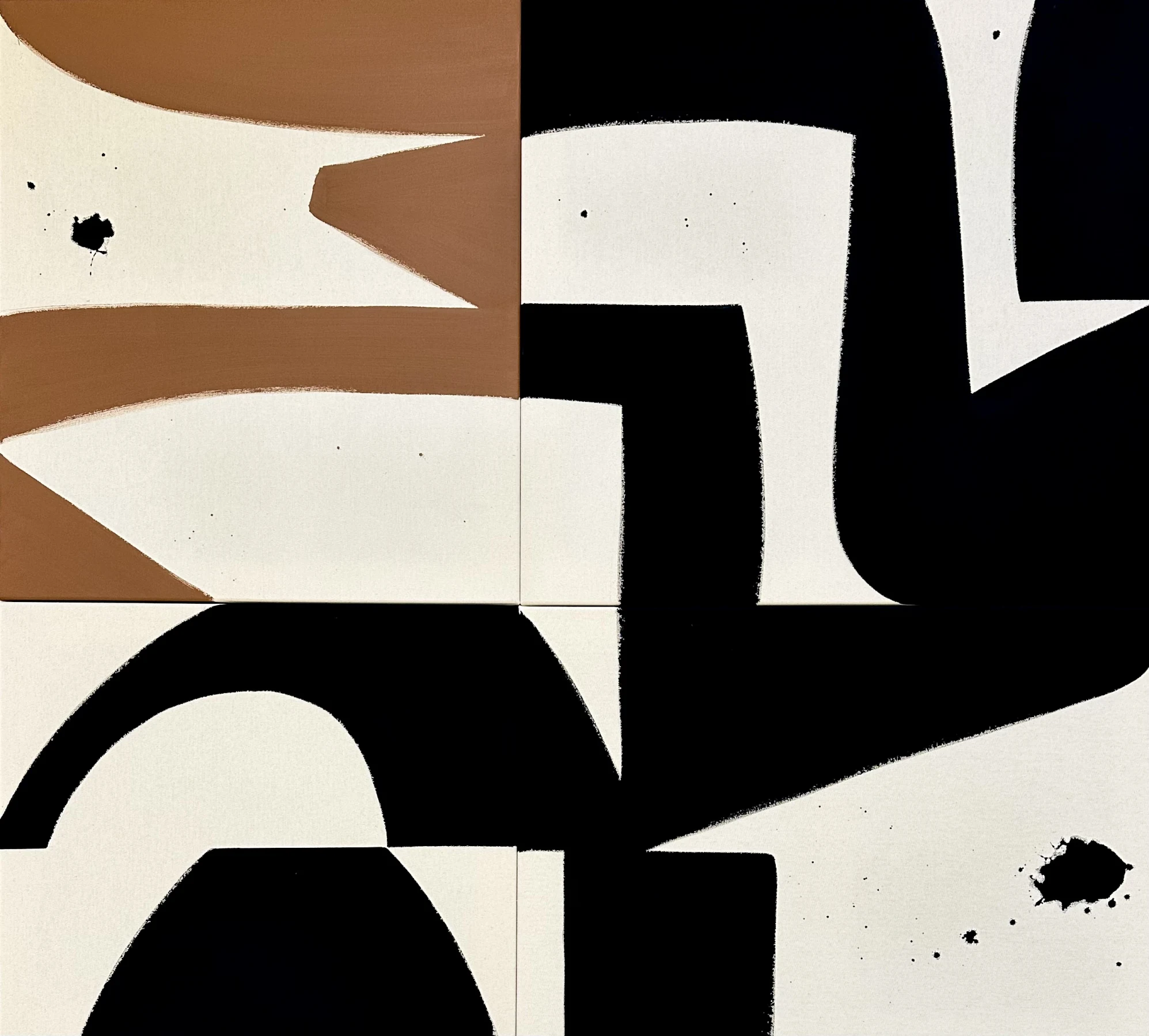 Abstract composition featuring bold geometric shapes in black, white, and brown, with scattered paint splatters for added texture.