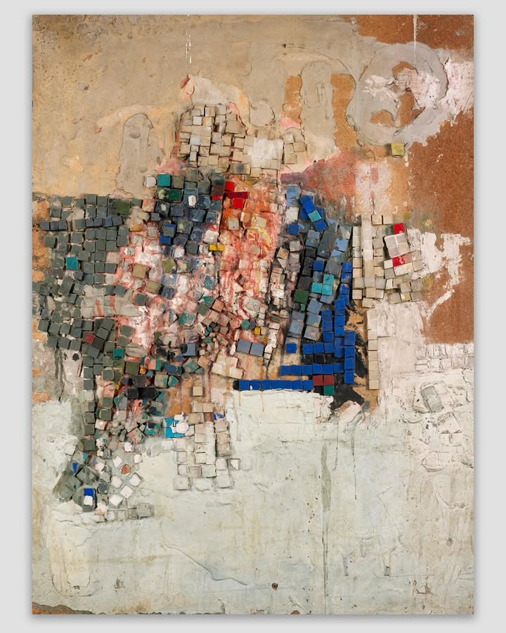 An abstract art piece featuring colorful squares in varied hues, layered over a textured, peeling background, creating a vibrant composition.