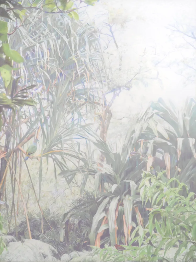 Lush green foliage fills the scene, with bamboo and towering plants partially obscured by a soft, ethereal light.