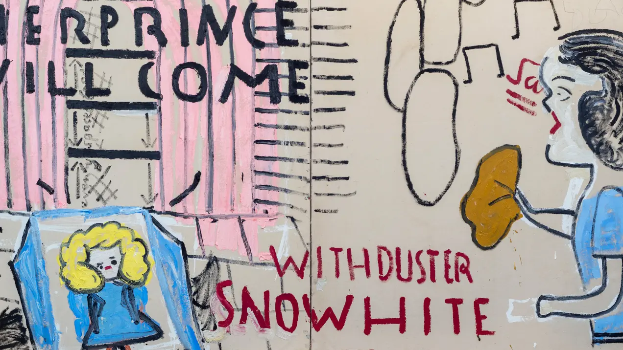 A colorful mural featuring a blonde girl, a woman with a duster, and the text "PRINCE WILL COME WITH DUSTER SNOWHITE."