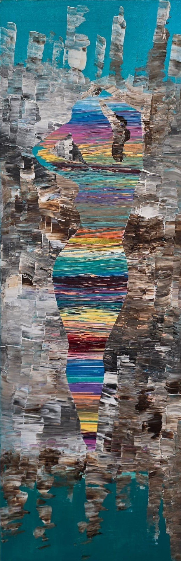 An abstract painting featuring a silhouette in vibrant horizontal stripes, surrounded by textured gray and teal backgrounds.