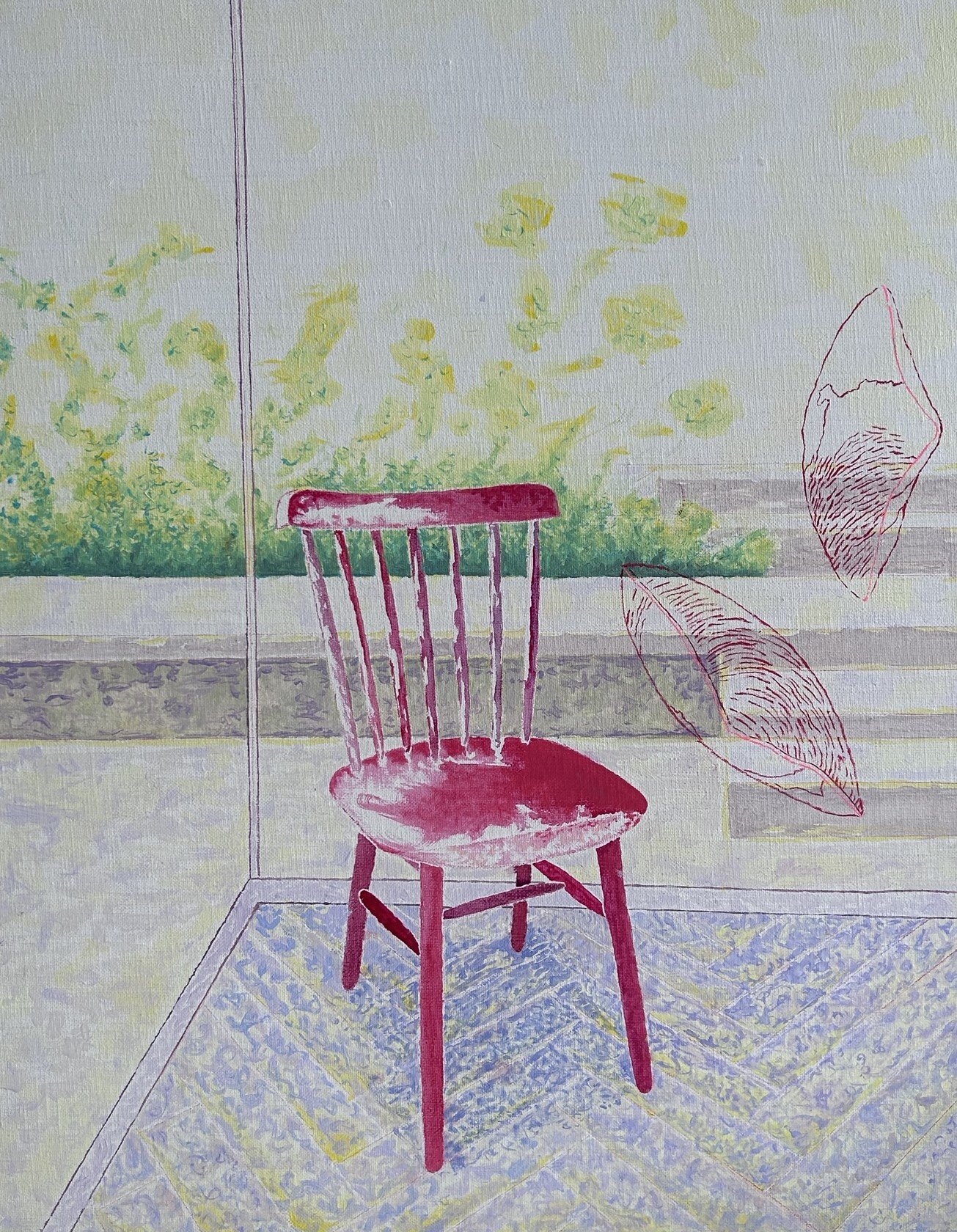 A red wooden chair stands in a softly colored room with a floral backdrop and faint outlines of leaves, creating a tranquil atmosphere.
