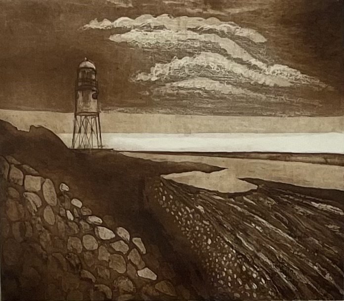 A brown-toned landscape featuring a tall, vintage lighthouse on a rocky shore under a dramatic, cloud-filled sky.
