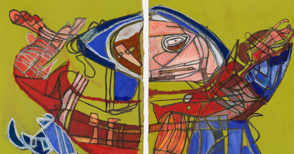 Abstract artwork depicting two distorted faces in bold colors, divided by a vertical line, set against a vibrant yellow background.
