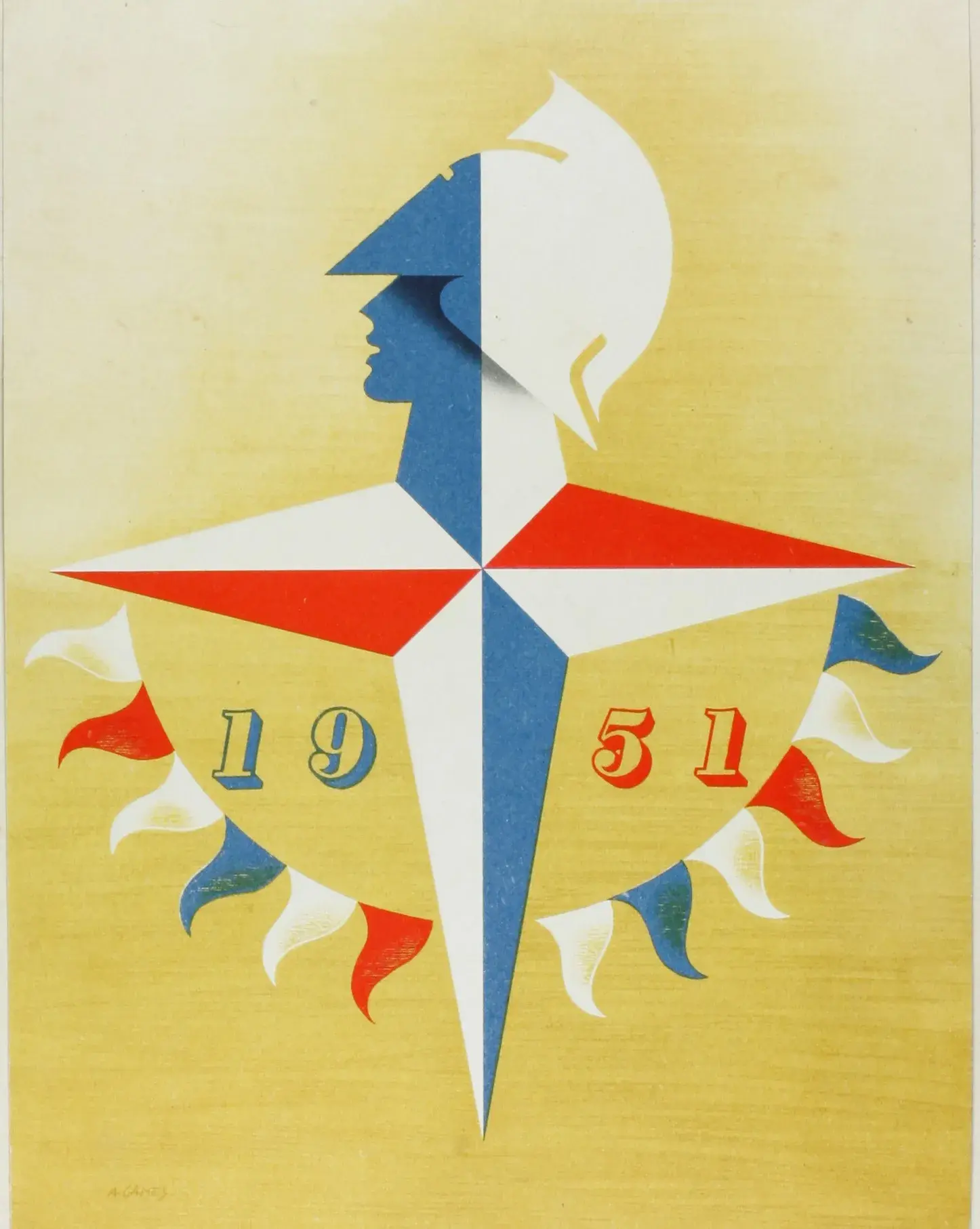1951 promotional poster featuring a stylized figure in a helmet, with a compass rose design and flags, in blue, white, and red.