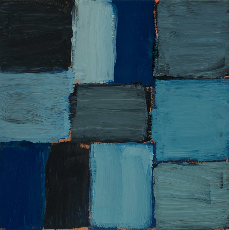Abstract painting featuring a grid of textured squares in various shades of blue, gray, and black, creating a harmonious color palette.