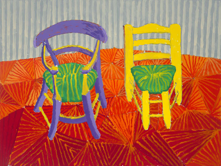 Two colorful chairs—one purple and one yellow—sit on a vibrant red and orange patterned floor, with blue striped walls in the background.
