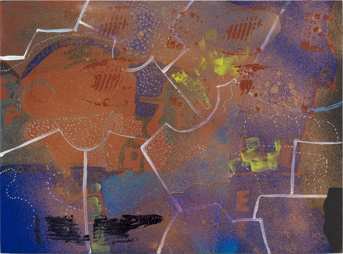 A colorful painting of a flower, showcasing vibrant petals and a detailed stem against an abstract background.