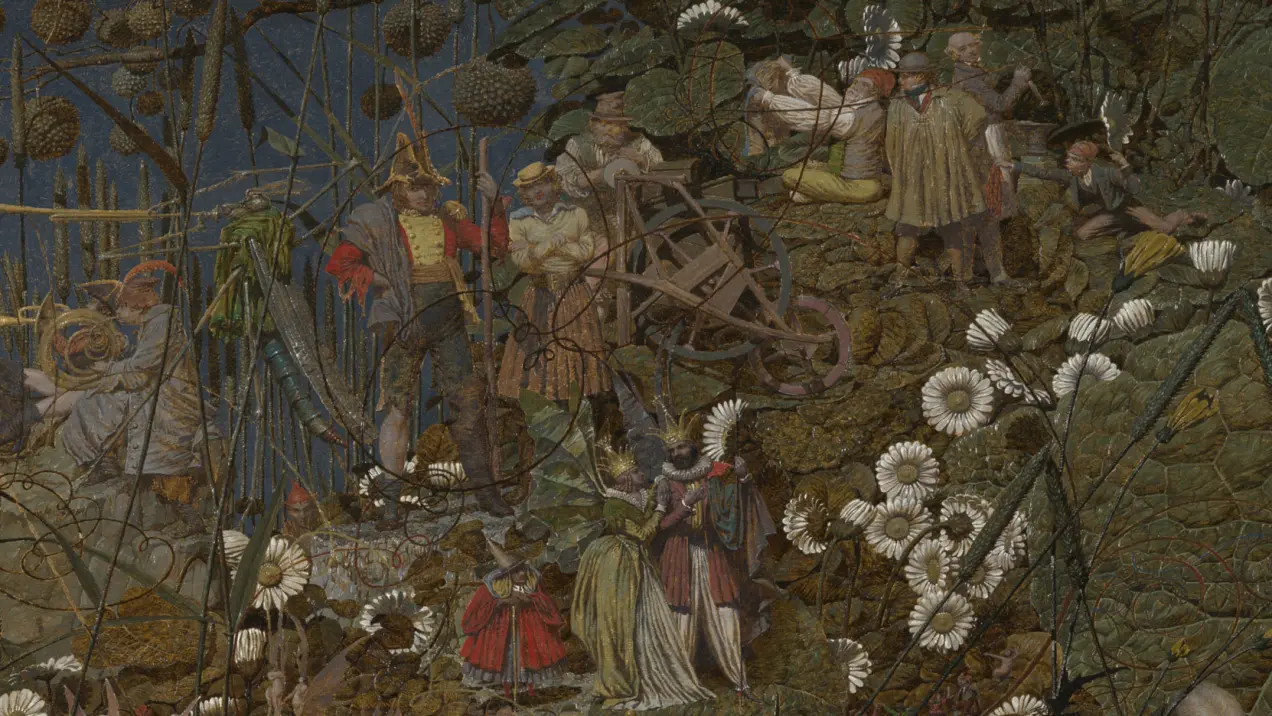 A vibrant scene depicting figures in historical attire engaged in outdoor activities amidst lush foliage and blooming daisies.
