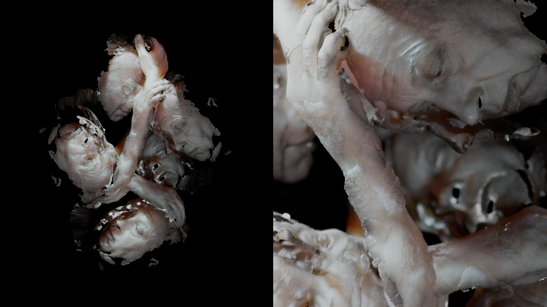 Abstract figures with distorted faces and hands. Dark background.