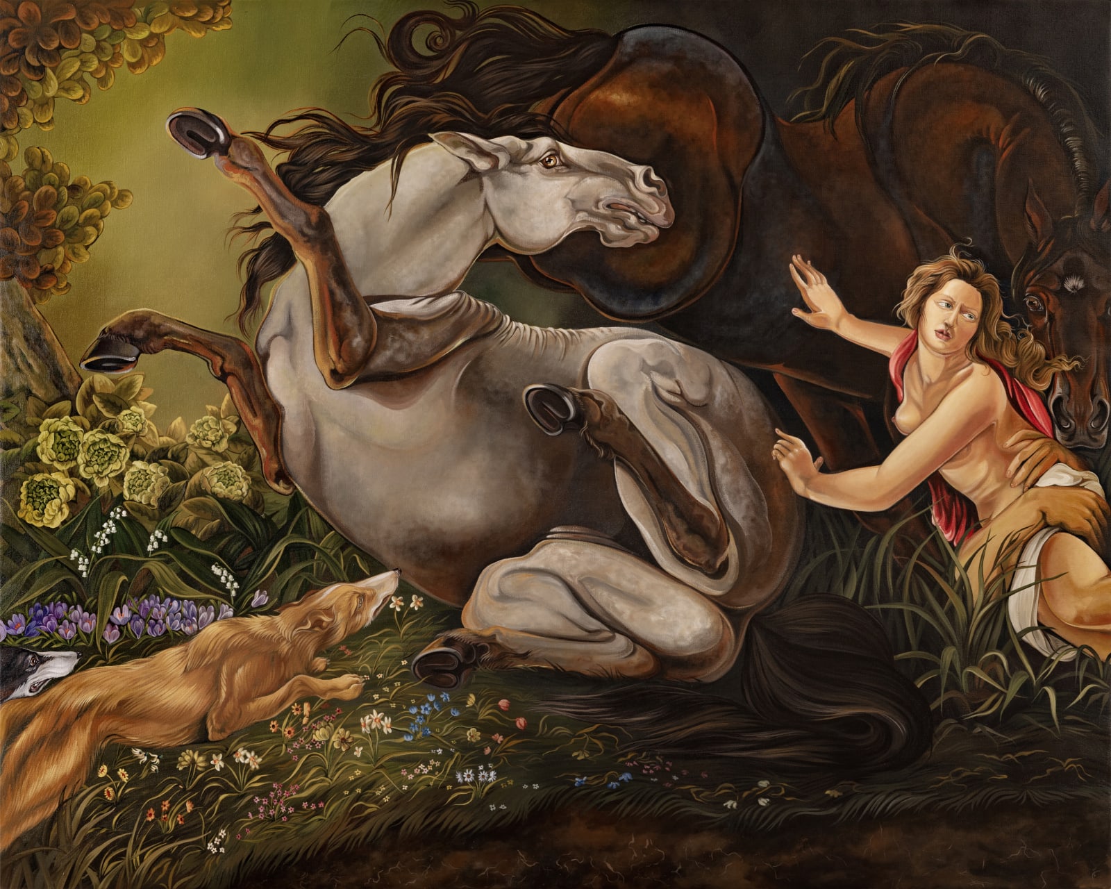 A dramatic scene depicting a rearing horse, a running dog, and a woman among colorful flowers, set against a lush, green environment.