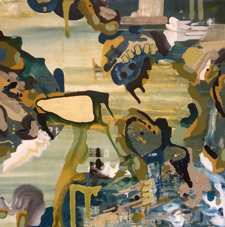 A vibrant painting featuring a mix of colors in abstract patterns.