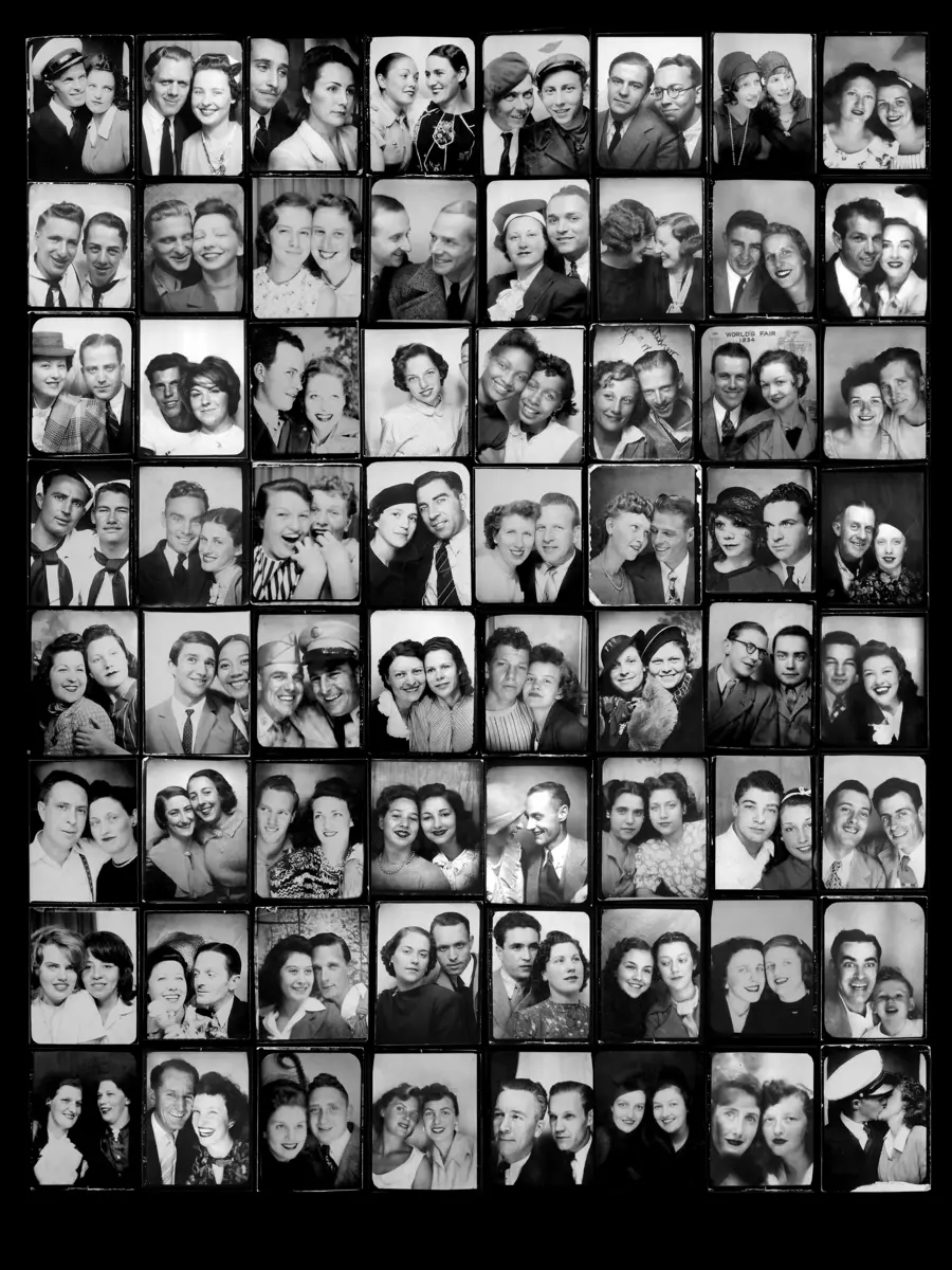 A collage featuring a diverse group of people, presented in black and white monochrome photography. Each individual is artistically arranged, showcasing human faces and expressions in a creative style.