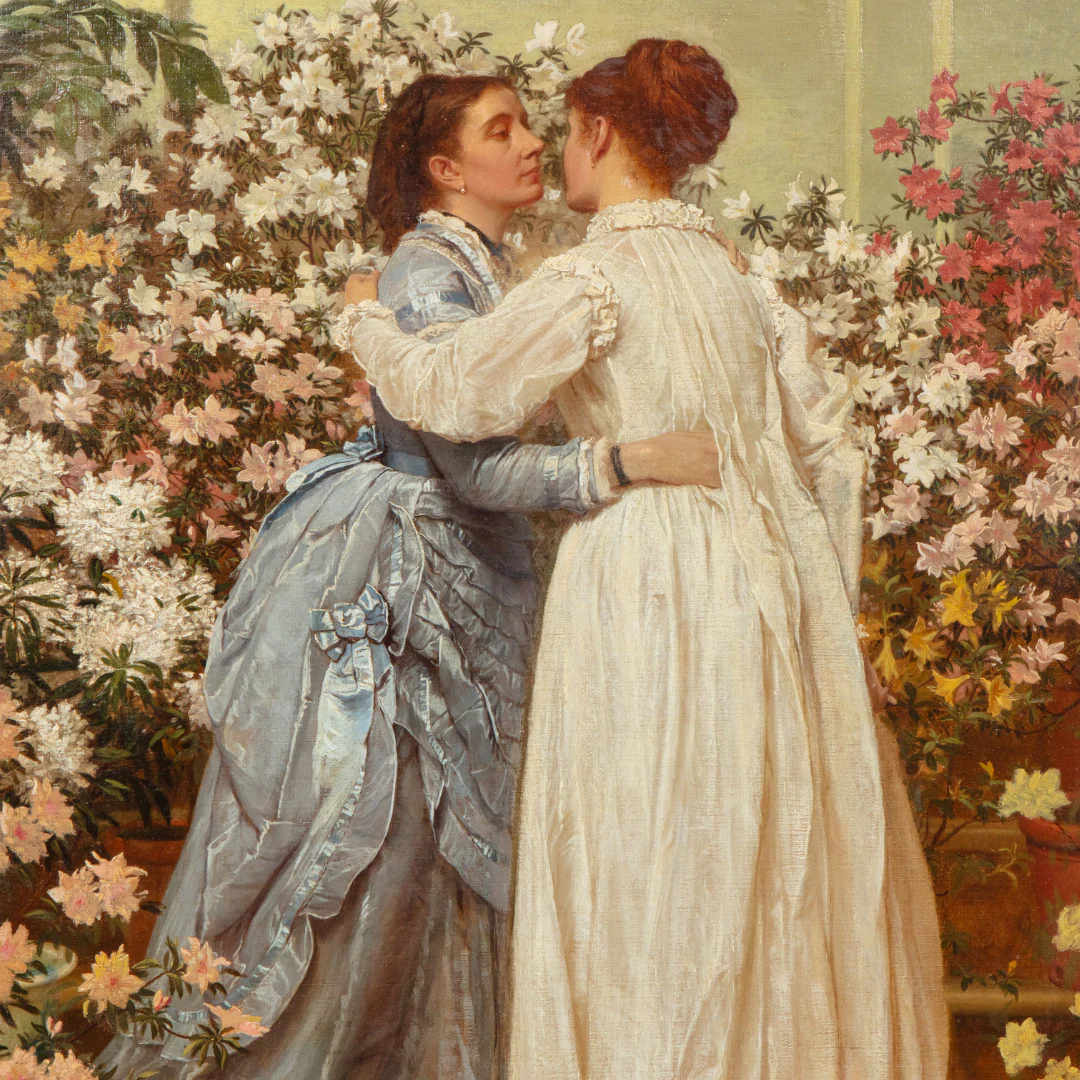 A painting depicting two women wearing white dresses, surrounded by flowers in an indoor setting.