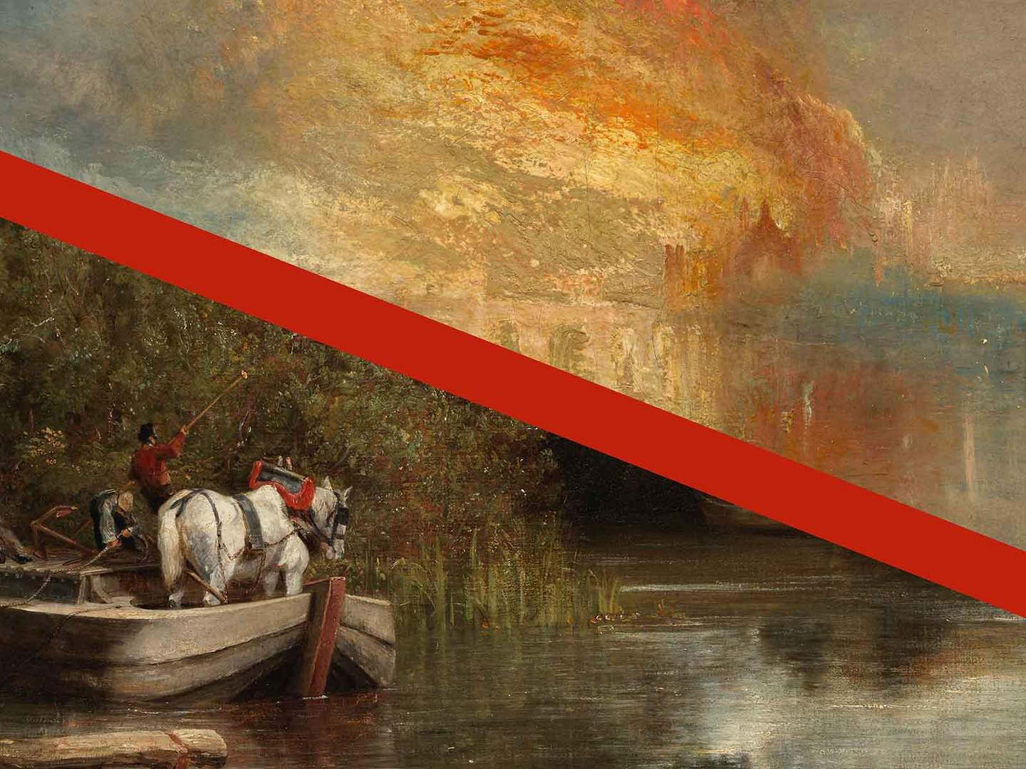 A painting depicting a man on a boat surrounded by horses, showcasing an outdoor scene with water.