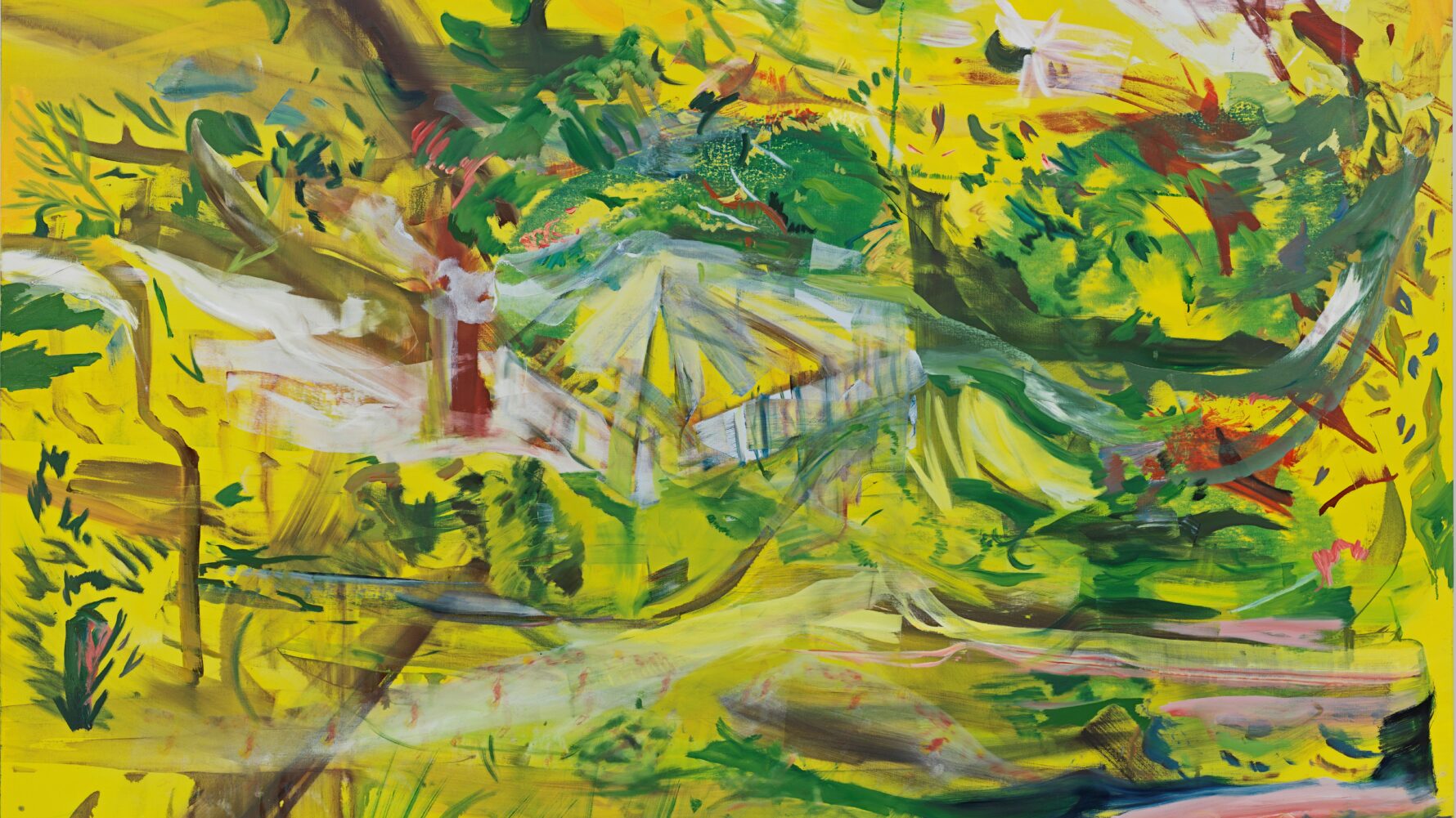 A painting depicting a tent, characterized by vibrant colors and abstract forms, showcasing modern artistic elements.