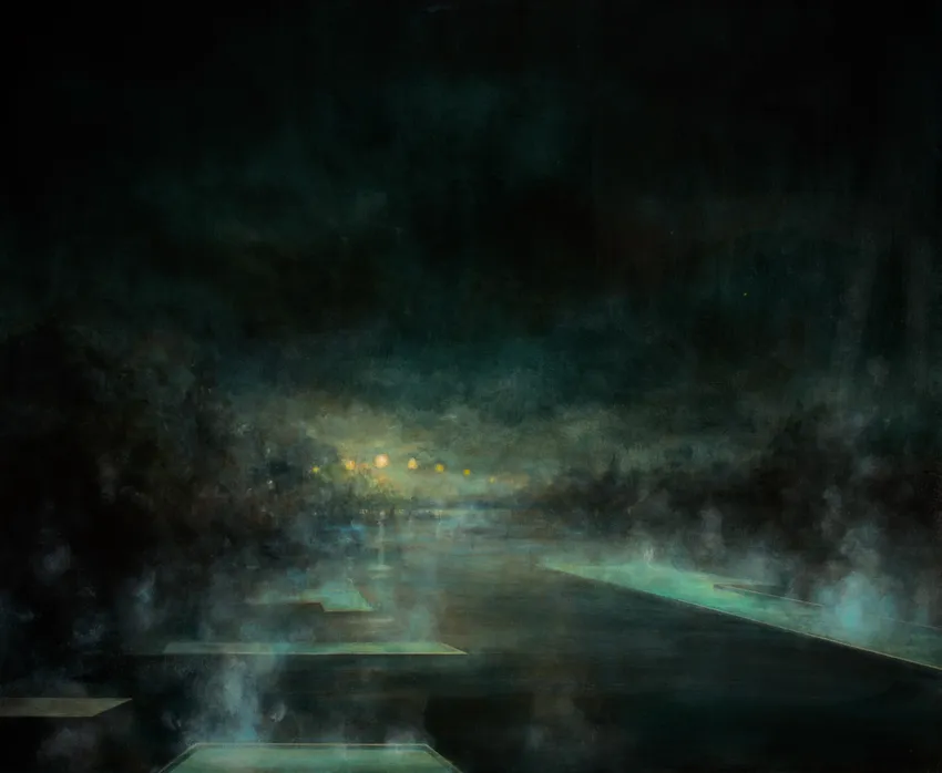 A dark, atmospheric landscape with hazy water reflections and faint lights shining in the distance, evoking a mysterious ambiance.