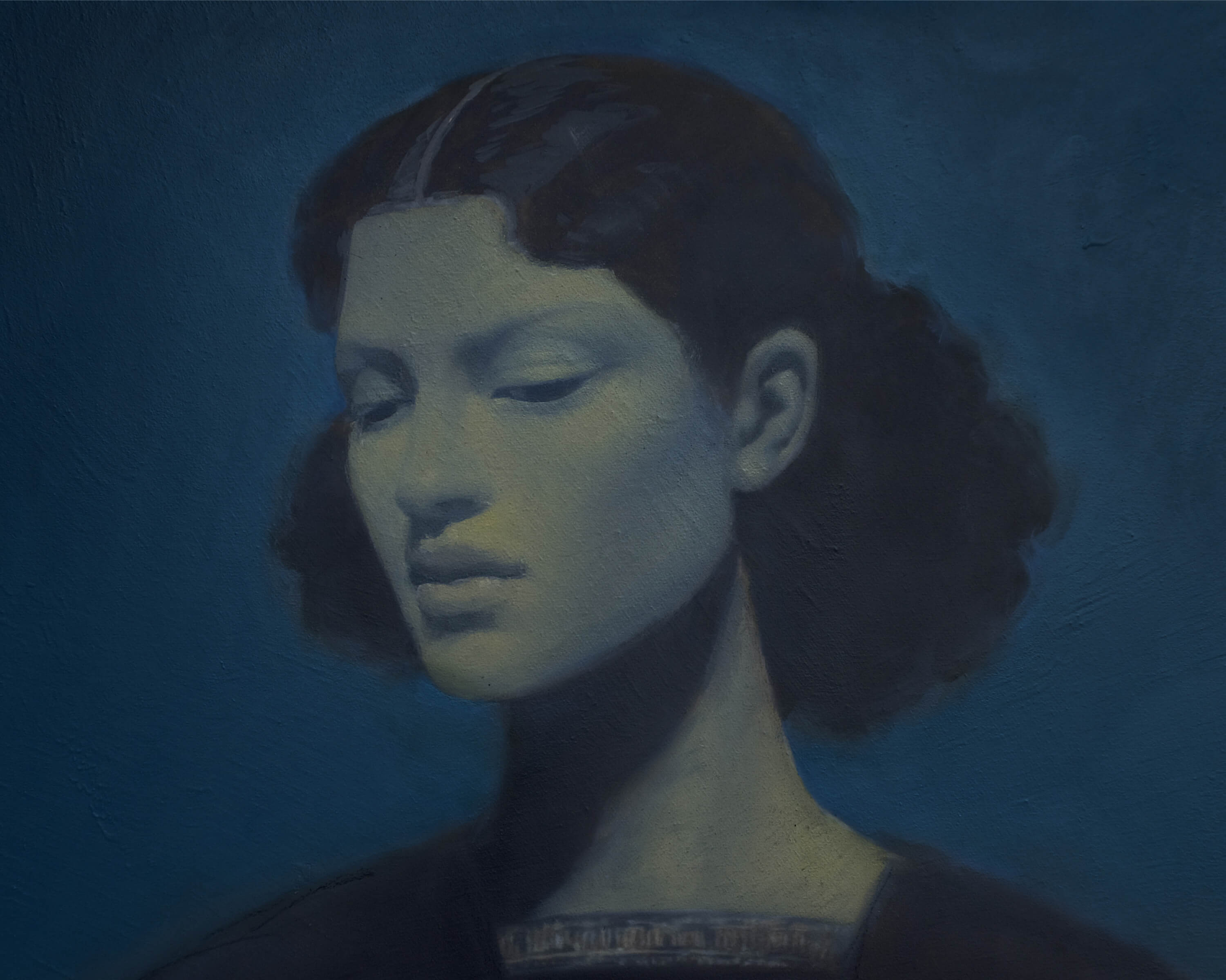 A dark-haired figure with a blurred face against a textured blue background, showcasing an artistic portrait style.