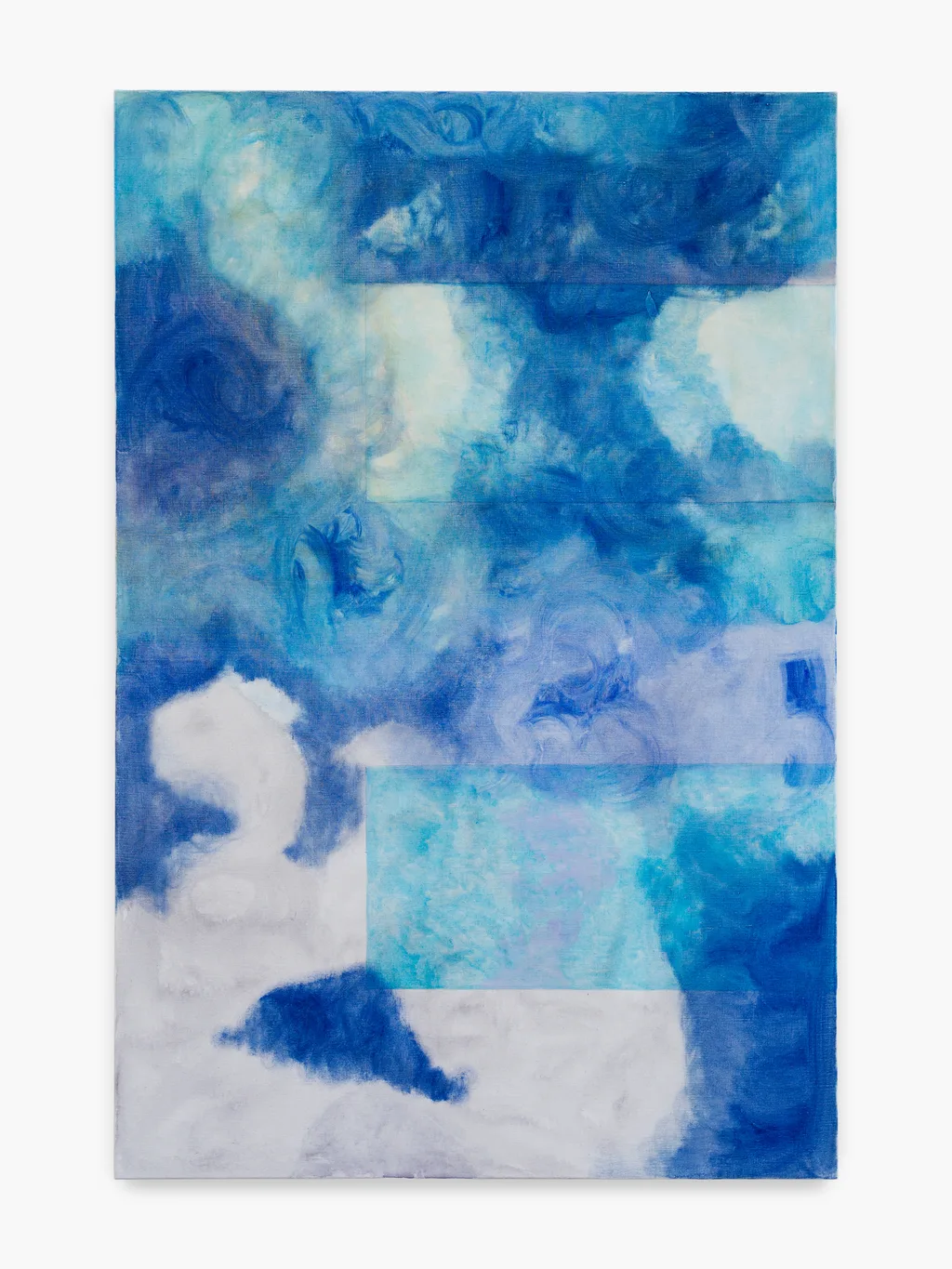 An abstract painting featuring various shades of blue and hints of white, with a textured, swirling pattern.