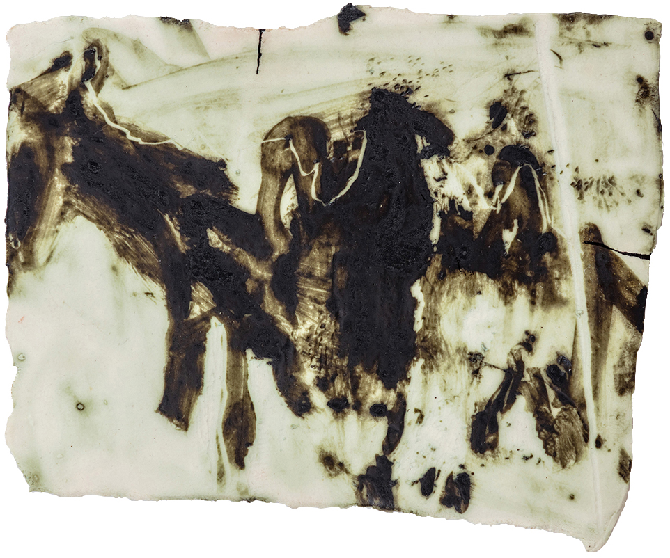 An abstract, textured artwork featuring dark markings on a pale background, resembling figures and movement.