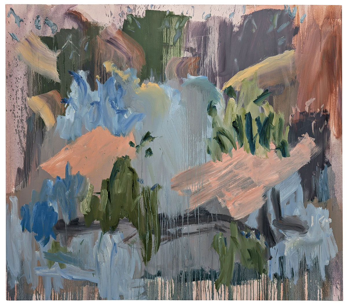 An abstract painting with a mix of colors including blue, green, peach, and grey, featuring bold brush strokes and some areas of dripping paint.