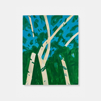 A colorful abstract painting featuring tall trees with a bright blue sky and green foliage.