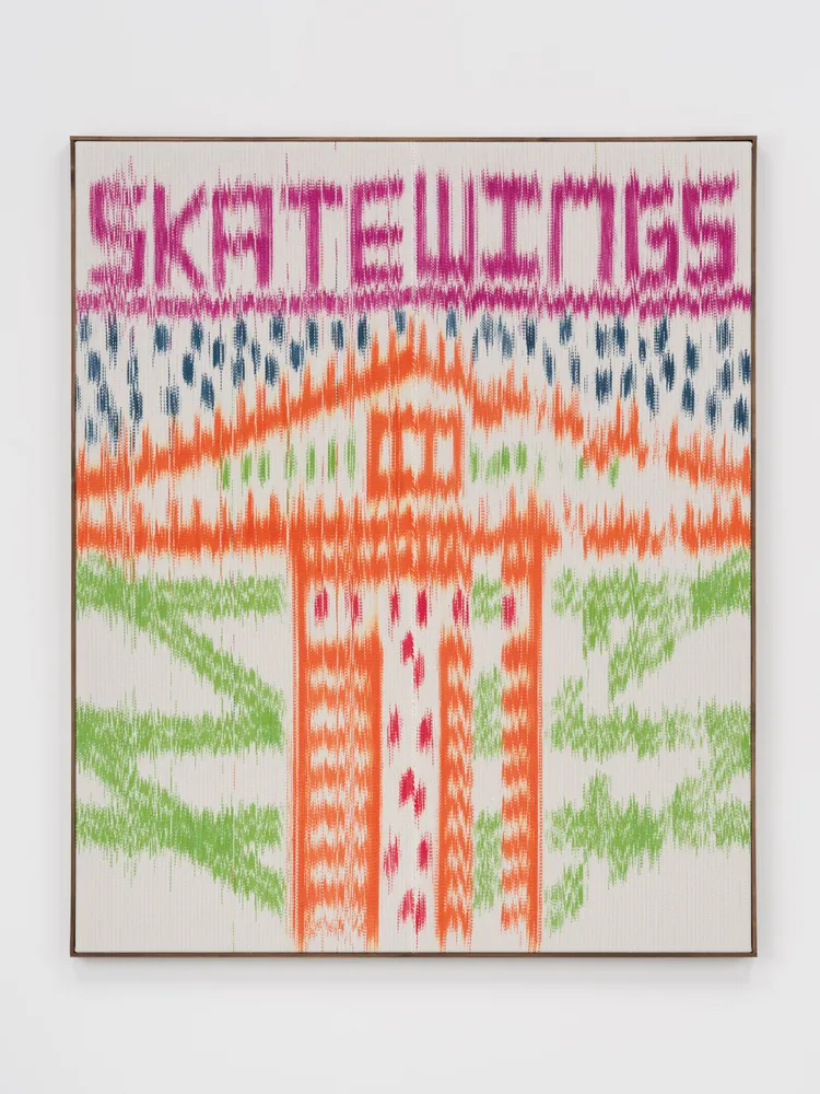 A colorful artwork featuring the word "SKATEWINGS" in bright pink with surrounding abstract patterns in green, orange, and blue. The design includes a central structure resembling a building or ramp, set against an uneven background.