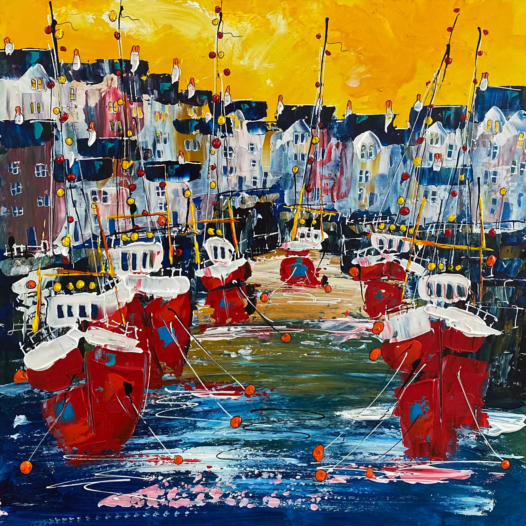 A vibrant painting depicting a harbor scene with red fishing boats bobbing in the water, surrounded by colorful buildings under a bright yellow sky.