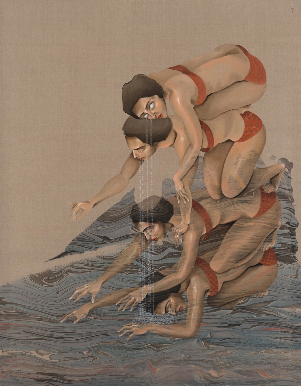 A surreal depiction of three women in swimsuits, positioned in a stacked formation on a flowing, abstract surface that resembles water. The figures appear to be reaching downward, with water-like elements cascading from above.