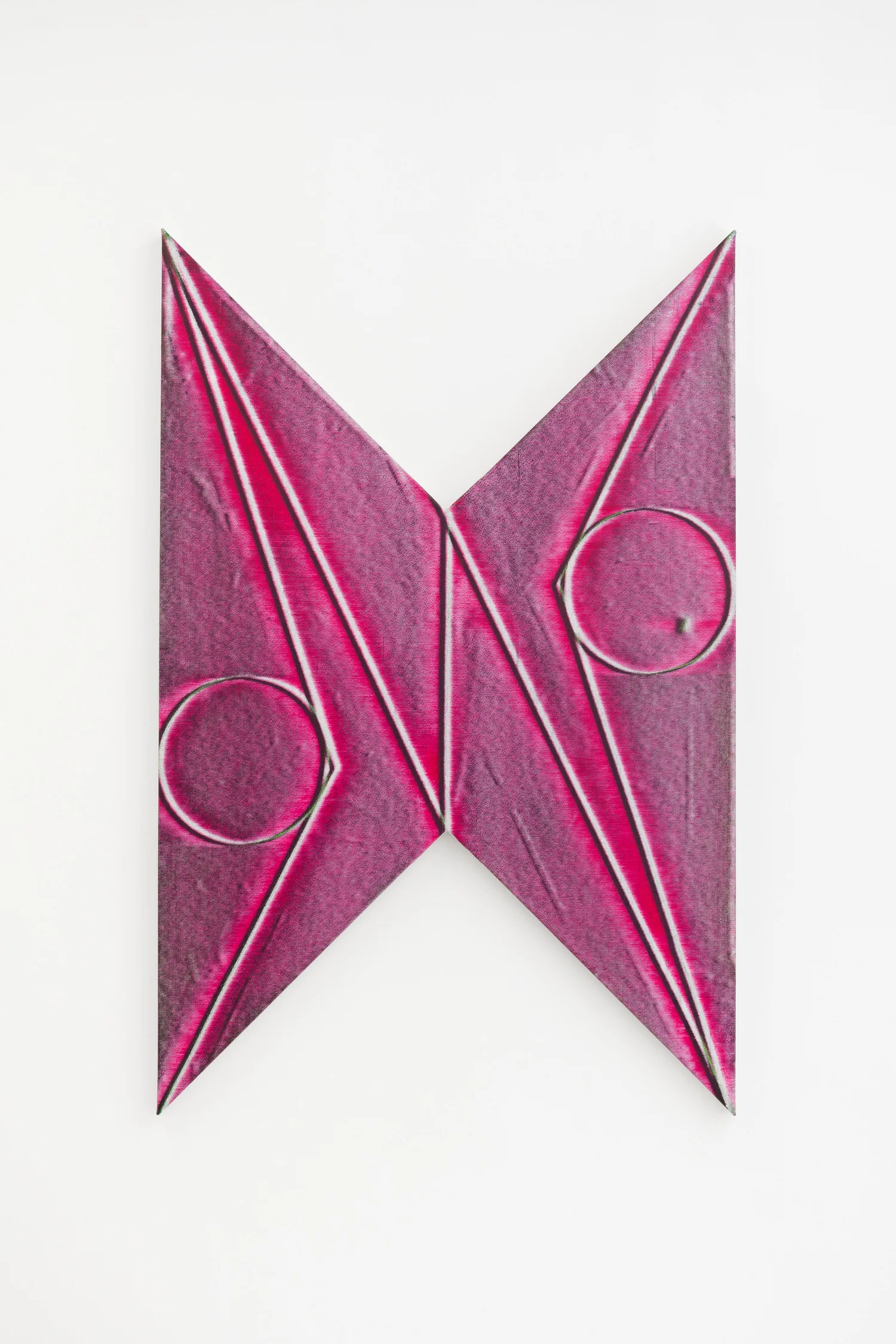 A pink geometric artwork featuring a design of two triangular shapes with circular elements.