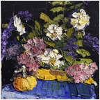 A still life painting featuring a vibrant arrangement of flowers in various colors, set against a dark background.