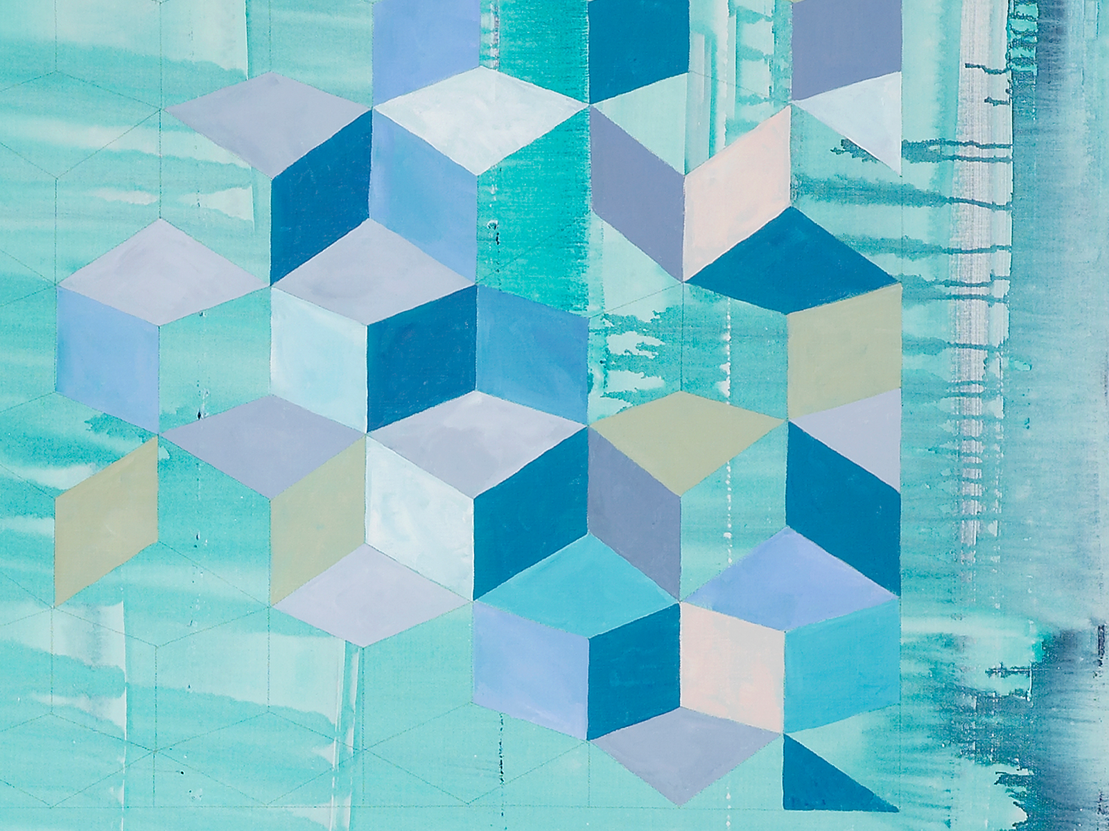 A colorful abstract painting featuring a pattern of interlocking geometric shapes in shades of blue, teal, and soft pastels.
